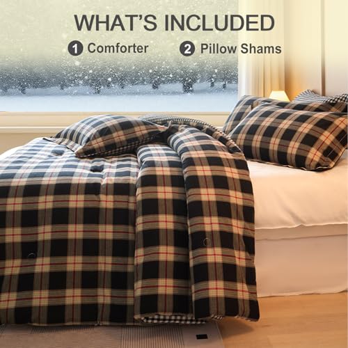 Image of 100% Cotton Comforter Set Full Size - Reversible Yarn-Dyed Checkered Design, Soft Washed Cotton on Both Sides, Lightweight All-Season Bedding, Machine Washable(Black Red Plaid, 80 inchx90 inch)