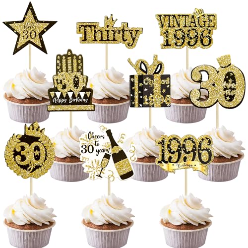 Gyufise 36Pcs Happy 30th Birthday Cupcake Toppers Glitter Black Gold Thirty Hello 30 Vintage 1996 Cupcake Picks Cheers to 30 Years 30 Fabulous Cake Decorations for 30th Birthday Party Supplies
