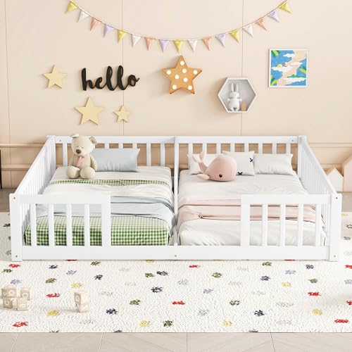 YOPTO Double Twin Floor Bed with Safety Guardrail,Wooden Montessori Bed
