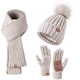 Wintermütze Damen Schal & Handschuh-Sets ,Beanie Mütze Damen Winter mit Bommel Fleece Gefütterte,Warm Schal Mütze Handschuhe,Schal Wärmer Mütze 3 in 1 Set