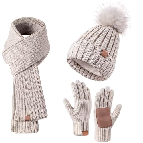 Wintermütze Damen Schal & Handschuh-Sets ，Beanie Mütze Damen Winter mit Bommel Fleece Gefütterte，Warm Schal Mütze Handschuhe,Schal Wärmer Mütze 3 in 1 Set