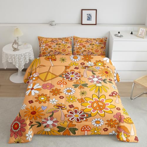 Groovy Style Comforter Set Queen Size,Vintage 60s 70s Flower Doodle Bedding Set for Teens Youth,Cartoon Daisy Love Peace Themed Quilt Set,Funky Rainbow Flowers Duvet Insert with 2 Pillowcases