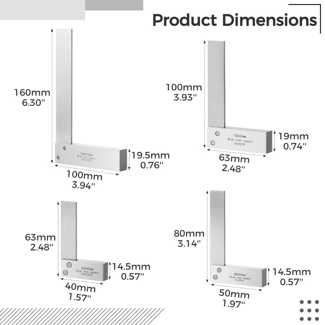 Machinist Square Set, 4-teiliges Präzisions-Holzbearbeitungswerkzeug mit breiter Basis, rechtwinkliges Vierkantwerkzeug, L-Typ-Messwerkzeug, 5,1 cm, 7,6 cm, 10,2 cm, 15,2 cm Quadrate