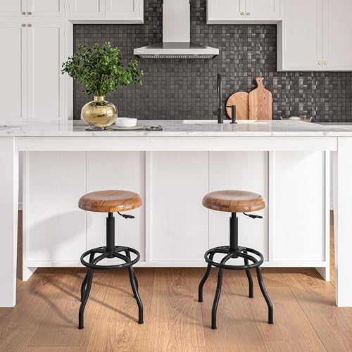 Image of Seville Classics Modern Ergonomic Pneumatic Height Adjustable 360-Degree Swivel Stool Chair, for Drafting, Office, Home, Garage, Work Desk, Acacia Wood, Flat Seat