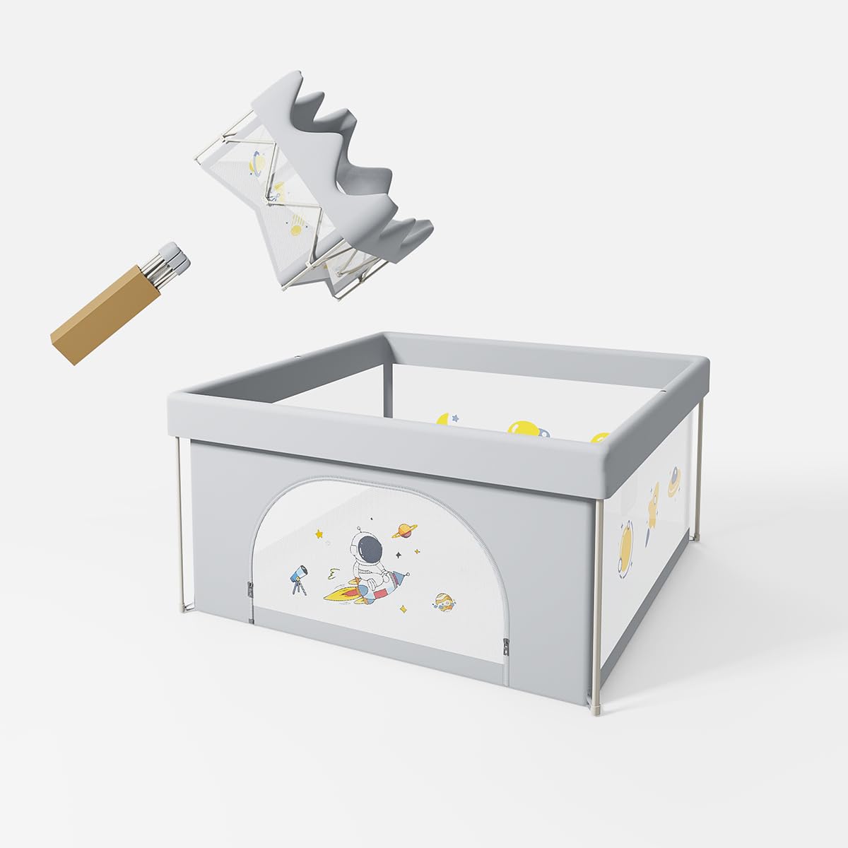 Kids Station Printed Baby Playard Playpen - Thick Padding & 360° Mesh Visibility - Babies Play Area Indoor Setup - Smart Folding & Portable Baby Activity - Suitable for Children - Travel Friendly - Easy to Carry - Baby Safety Essentials - 5ftx5ft or 150x150cm (Grey)