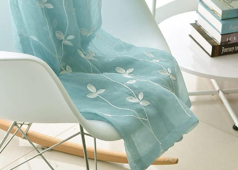 Simple Leaf Embroidered Transparents Panel Sheer Curtains Rod Pocket Gauze Drape for Living Kids Nursery Room Bedroom