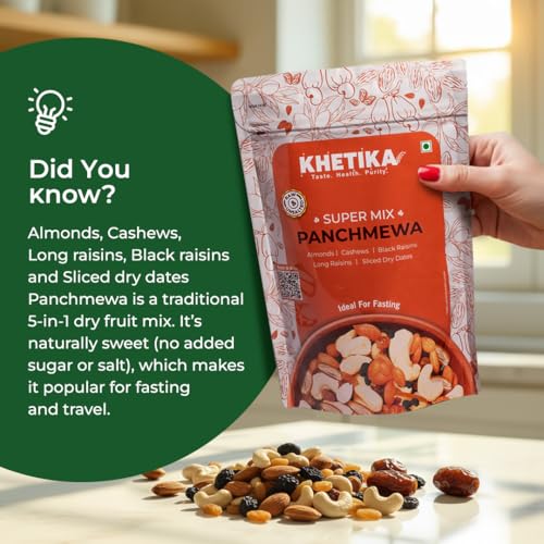 Image of Khetika Premium Panchmeva 450g | 5 Superfood in 1 Mix, Dry Fruits, Mixed Nuts, Mixed Fruits, Contains Cashew, Almond, Long Raisins, Black Raisins, Sliced Dry Dates