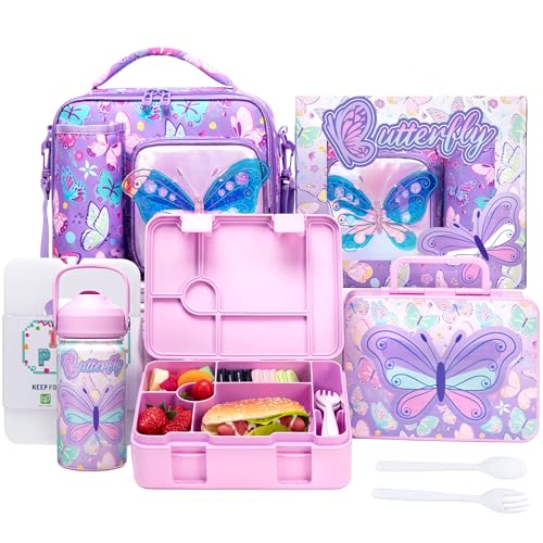 Oruiji Butterfly Lunch Box for Girls Bento Box for Kids with Lunch Bag,Stainless Steel Water Bottle,Ice Pack Set Birthday Gifts for Ages 3-12 Back to...