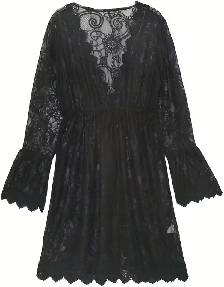 Vestido midi de renda sexy com decote em V | Saída de praia de tecido de malha de verão com detalhes contrastantes