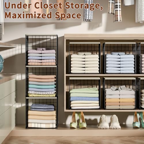 3PCS Stackable Closet Organizers and Storage, Shelves with Wood Top Extra Storage, Clothes Organizer Basket, Bin, or Tube for Wardrobe and Home Organization (Black-Sturdy Metal) Patent Pending - image 3