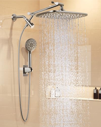 Veken 11.8' Brushed Nickel Rain Shower Head with Handheld, High Pressure Handheld Shower Heads with Multi Spray Modes,Rainfall Combo with 15' Metal Extension Arm,Detachable Dual Shower,Regaderas Para