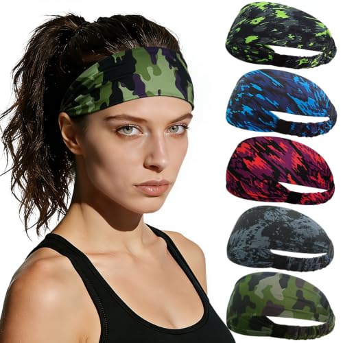 Image of ROCKTAKIN 5 Pack Running Headbands, Moisture Wicking Non-Slip Wide Elastic Sweatbands, Athletic Workout Sports Headbands for Men & Women, Running Cycling Basketball