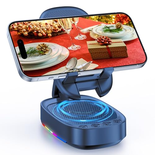 Cell Phone Stand with Wireless Bluetooth Speaker, Unique Gifts for Men/Women, Adjustable Phone Holder with 5 Colorful LED Modes, Anti-Slip Base HD Surround Sound, Compatible with iPhone/iPad, Blue