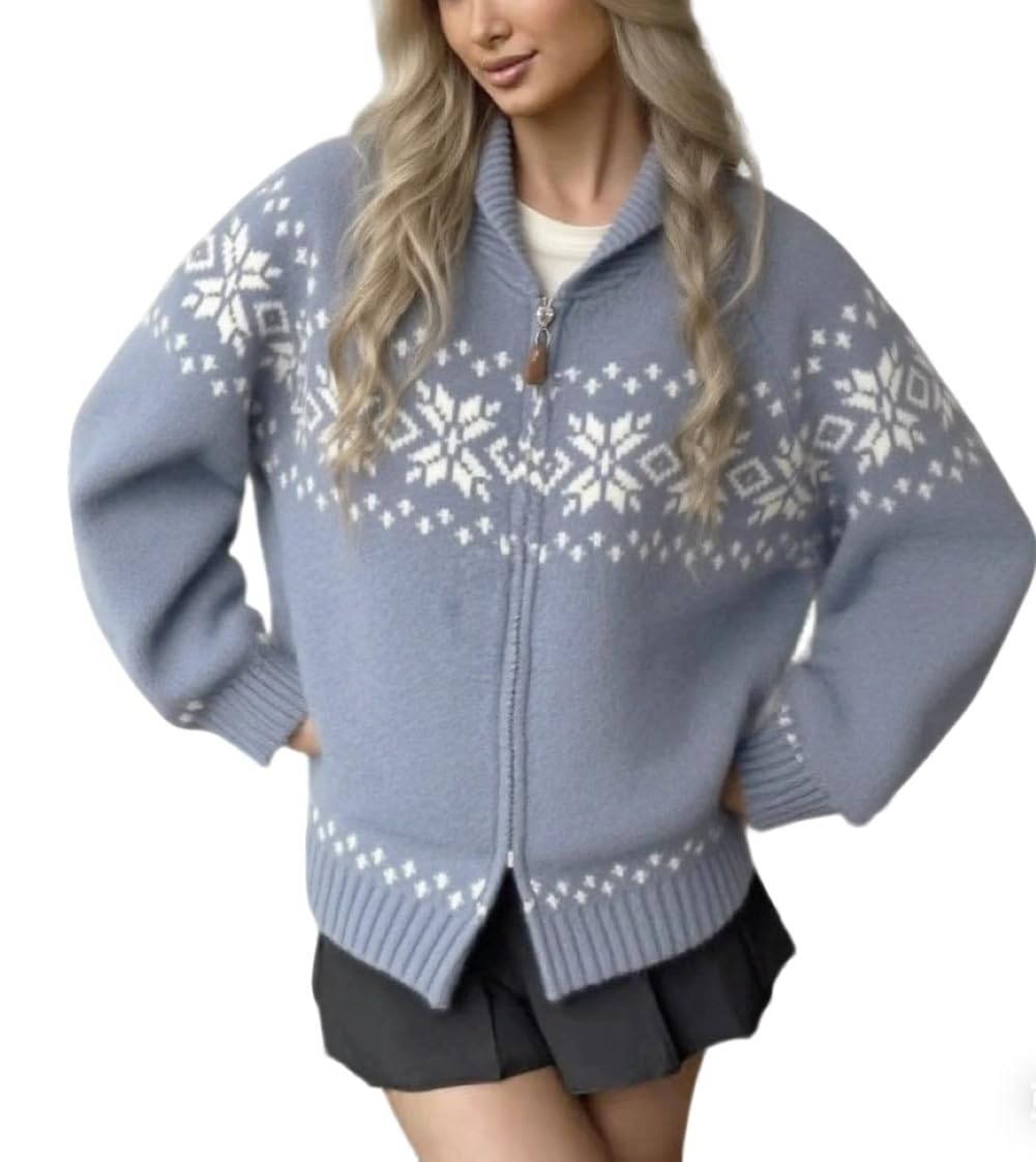 CHARTOU Women Fair Isle Cardigan Sweater Fall Winter Warm Oversized Stand Collar Zip Up Knitted Coat