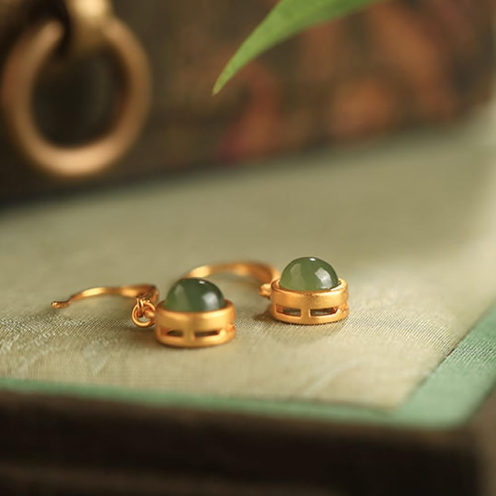S925 Silver And Gold Plated With Natural Jade Green Beans Earrings for Women Yoga Genuine