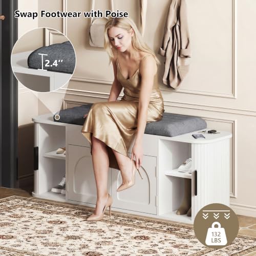 Image of Einhomn 47.2 inch Shoe Storage Bench with Cushion, Sliding Door Entryway Bench with Lift-Top Hidden Storage and Adjustable Shelf, Wooden Shoe Cabinet for Hallway, Bench for Bedroom End of Bed, White