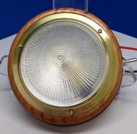 MARINE BOAT 4" DOME LIGHT PC LENS BRASS RING TEAK BASE HOUSING 15W BULB