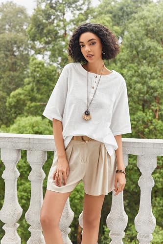 Linen Tops for Women 3/4 Sleeve Crew Neck Cotton Shirts Casual Jacquard Boho Blouse2