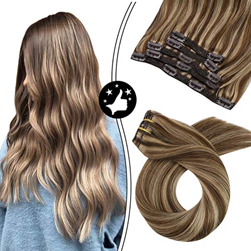 Moresoo 14" Hair Extensions Clip in Human Hair 7PCS 100G Weight for Full Head Double Wefted Clip in Hair Extensions Color #4 Brown Ombre #27 Caramel Blonde