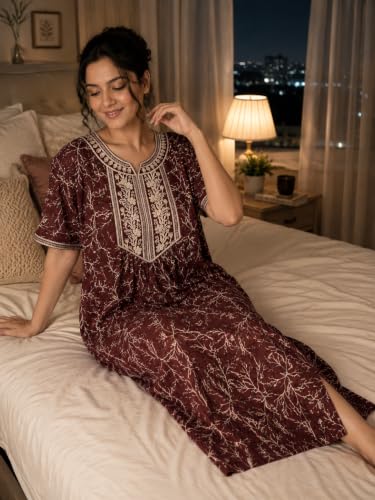 Image of Embroidery Nighty for Women Pure Cotton Combo Pack of 2 | Free Size Gown for Women Cotton Nighties for Women Stylish Night Dress | Maxi Sleepwear Maroon & Purple