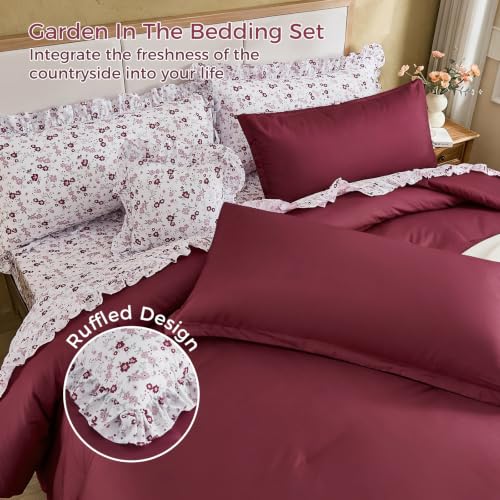 Image of WONGS BEDDING 8PC Queen Comforter Set, Ruffle Comforter with Floral Sheets
