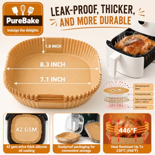 Image of PureBake 100 Pcs Air Fryer Paper Sheets, Disposable Paper Liner, Parchment Paper for Airfryer & Microwave, Oil Proof for Frying, Baking, Cooking, Roasting (Square, 8 Inch)