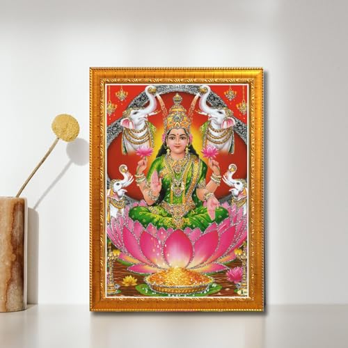 Image of CRAFT QUEST Lakshmi Devi with ganesh ji and saraswati mata Wall Painting Photo Frame for Diwali Pujan (Synthetic, Golden, Sparkle Finish, Small Size, 8 X 6 Inch)