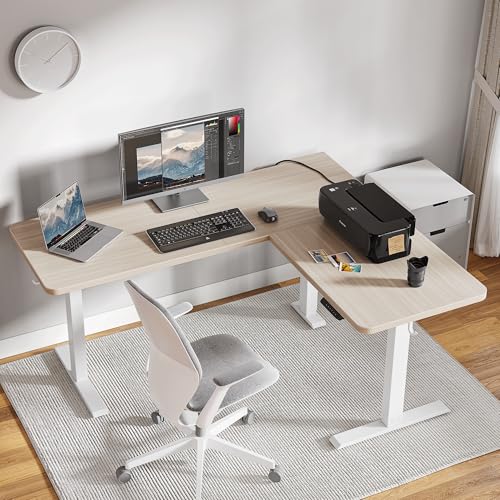 Image of FEZIBO 63 inch L Shaped Standing Desk Height Adjustable, Sit Stand Home Office Desk with Splice Board, Electric Stand up Corner Desk, White Frame /Light Walnut Top
