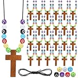 Kathfly 277 Pcs Wooden Cross Necklace Crafts Sunday School Crafts Kit DIY Christian Catholic Rosary Cross Pendant Religious Charms with Colorful Beads for VBS Church Men Women