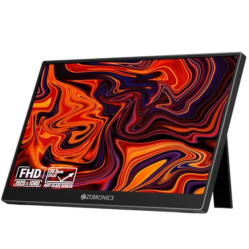 Image of Zebronics 15.6 inch Portable Monitor, FHD 1080p, 60 Adjustable Stand, 16:9 Aspect Ratio, 250Nits, 16.7M Colors, Type-C PD Input, Type-C Input, Mini HDMI, Built-in Speakers, Wall-Mountable (Pixigo A16S)