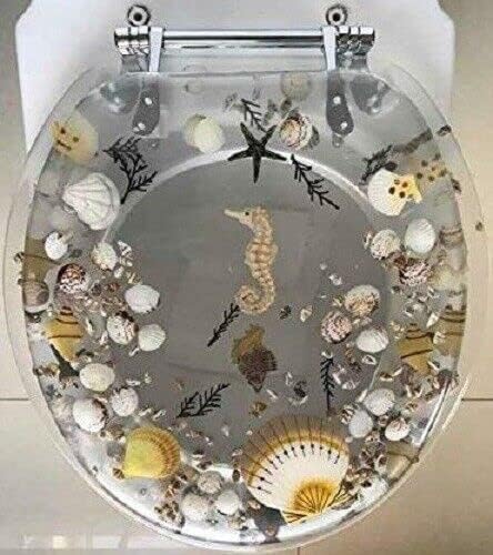 Clear Seashell and Seahorse Resin Toilet Seat, Standard Size Round with Chrome Hinges