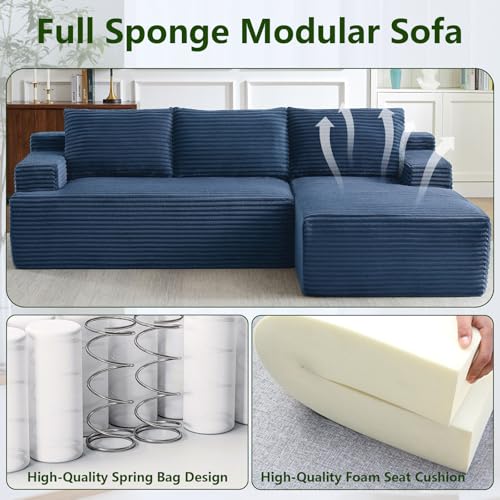 Image of 96 inch Modular Sectional Sofa, Modern Corduroy Cloud Couch with Side Pockets, Boneless Couch Upholstered 3-Seater L-Shaped Sofa for Living Room, No Assembly Required (Blue, Right-Facing Chaise)