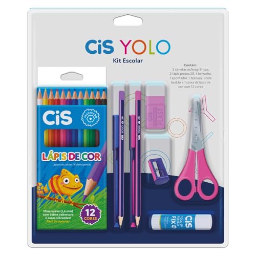 Kit Escolar CIS Yolo - 2 canetas esferográfica, 2 lápis pretos HB, 1 borracha, 1 apontador, 1 tesour
