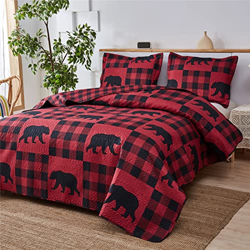 Moose Lodge Lightweight Bedspread Coverlet - All Season King Bedding Cover With Shams,Plaid Bear Deer Printed Quilt Set Bedding Set,Rustic Country Cabin Reversible Summer Comforter Blanket Bed Cover #TOP2