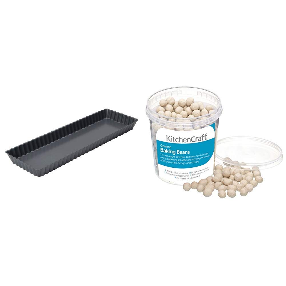 DexamNon-stick Rectangular Flan pan loose base & KitchenCraft Ceramic Baking Beans for Pastry, 500 g (1 lb)