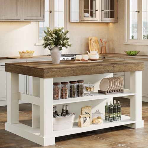 Tribesigns Kitchen Island with 3 Shelves, 55 Inches Width Kitchen Shelf with Large Worktop, Stable...