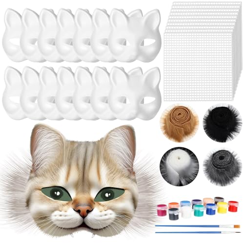 JellyArch 30 Pcs DIY Therian Mask Kit Bulk 15 Blank Cat Mask with Faux Furs and Eye Mesh for Therian Gear Stuff Masquerade Cosplay Party Favor