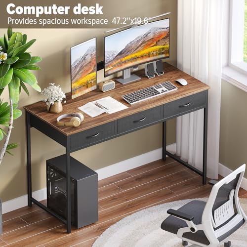 Image of WOHOMO Computer Desk with 3 Drawers, 47.2 Inch Small Vanity Desk with Storage, Home Office Bedroom Desk for Small Spaces, Modern Work Writing Study Gaming Tables, Rustic Brown