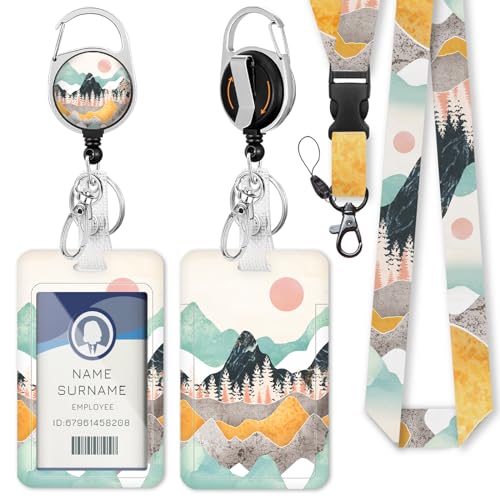 Gctriki ID Badge Holder with Lanyard, Sunrise Mountain Lanyard for Keys, Mountain Sunset Retractable Badge Reel Clip, Teacher Lanyards for ID Badges Holder, Nurse Teacher Workers Women Office Gifts