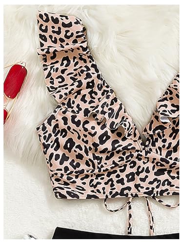 MakeMeChic Women's Leopard Print Bikini Set V Neck Ruffle Lace Up Bathing Suit Swimwear4