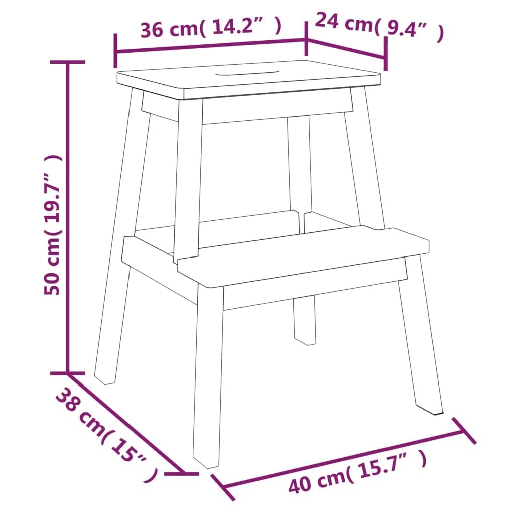 vidaXL Taburete 2 Peldaños Escalera Escalón Silla para Baño Cocina Salón Dormitorios Jardín Patio Madera Maciza de Acacia 40x38x50 cm