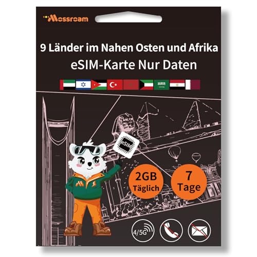 eSIM-Karte für 9 Länder im Nahen Osten und Afrika – Prepaid-Datentarife | 2 GB Daten täglich, 7 Tage | Keine physische SIM-Karte erforderlich | Sofortige Aktivierung