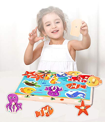 Wooden Peg Puzzles for Toddlers 2 3 4 Years Old, Kids Educational Preeschool Peg Puzzles Toy, 3 Pcs Toddler Puzzles Set - Traffic, Animals and Ocean, Great Gift for Girls and Boys (First Edition) - Thumbnail 6