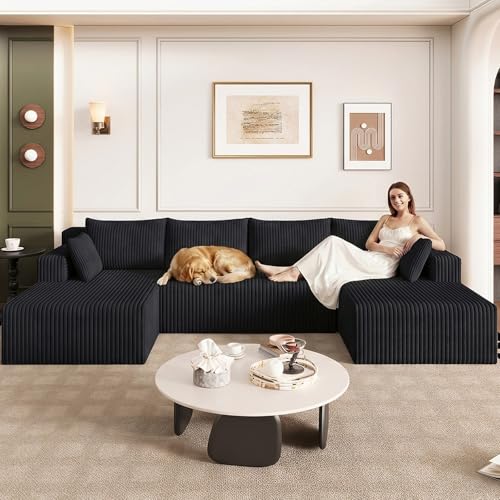 Image of 124 inch Modular Sectional Sleeper Sofa, Boneless Cloud Couch for Living Room, U Shaped 3 Seat Sofa with Deep Seat, Free Combination, Couch in a Box, No Assembly Required (Black)