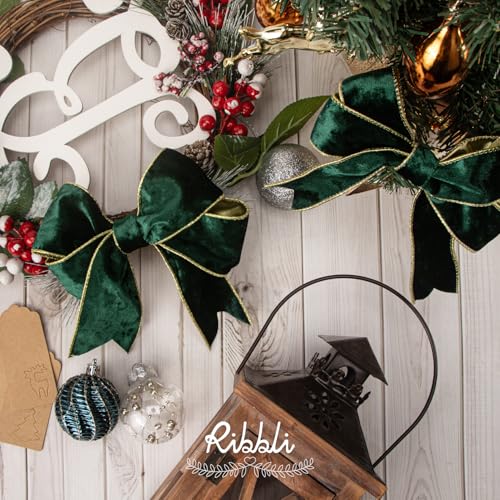 Image of Ribbli Forest Green Velvet Wired Ribbon 2.5 Inch Metallic Dark Green Gold Crushed Velvet Christmas Ribbon for Gift Wrapping Christmas Tree Decoration Crafts Wreaths Supplies-Continuous 10 Yards