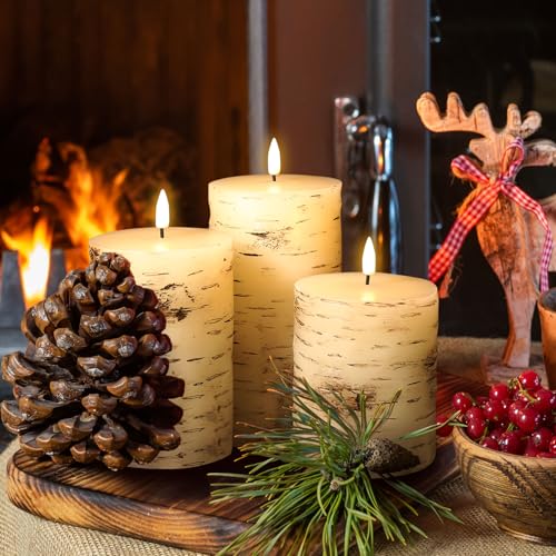 Eywamage Birch Bark Flameless Pillar Candles with Remote, Flickering Rustic Battery LED Wood Candles Set of 3 by Eywamage - Image 6