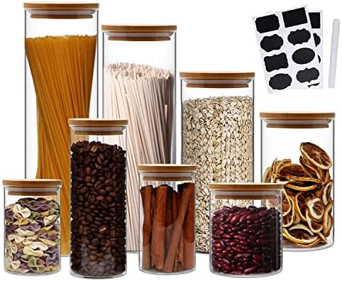 Salzesfalls Glass Canisters Set of 8 Glass Kitchen Canisters with Airtight Bamboo Lid, Glass Storage Jars for Coffee Beans, Flour, Snack, Pasta