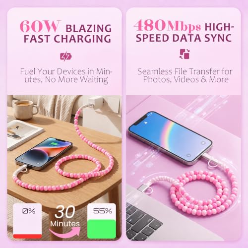 Image of 4-in-1 Beaded Charging Cable, MFi Certified, Works with CarPlay, 3.3FT 60W Fast Charger Cord for iPhone 17 /16 /15 /14 /13 /12 /11, iPad, Samsung, Android and More (Pink Swirl)