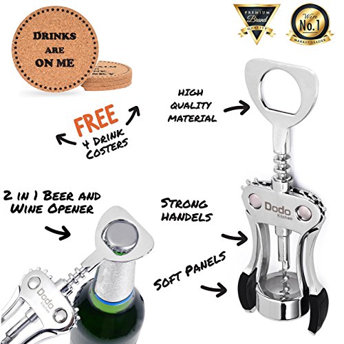 Dodo Kitchen Stainless Steel Wine And Beer Bottle Opener | With 4 Drink Coasters | Manual Multifunctional Wing Corkscrew | Sturdy And Easy-To-Wash | Wine Accessory For Kitchen, Bars, And More #TOP1