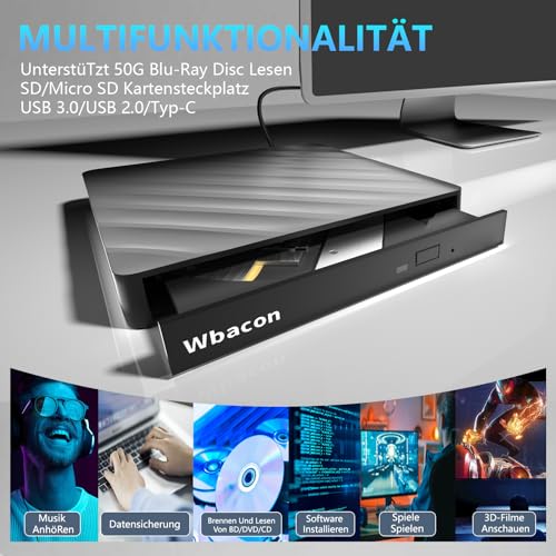 Wbacon 5 In 1 Externes Blu Ray Laufwerk USB 3.0 Type-C Bluray Player Externer Bluray Brenner DVD Burner with SD/TF Card Slot Compatible with Windows Xp/7/8/10 MacOS – Bild 4